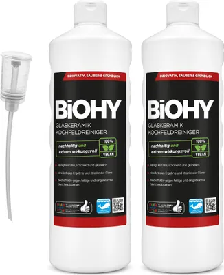 Produktbild von BiOHY Glaskeramik Kochfeldreiniger (2x1l Flasche) + Dosierer | Optimal zur Reinigung und Pflege von Kochfeld und Induktion | Geeignet für ALLE GERÄTE