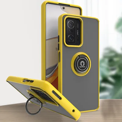 Produktbild von Xiaomi 11T Hülle, Ring Halter Ständer Matte Transluzent TPU Rahmen Stoßfest Schutzhülle für Xiaomi 11T / 11T Pro Gelb