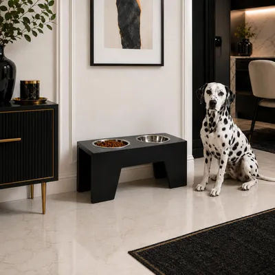 Productafbeelding van QLS Voerbakstandaard, 24,5 cm, metaal, voor honden en katten, zwart, model 11512, AI-gegenereerde afbeelding