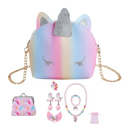 Productafbeelding van Eenhoorn schoudertas voor meisjes – set van 8 accessoires, glinsterende handtas, accessoires voor themafeestjes, geschikt voor kinderen vanaf 2 jaar