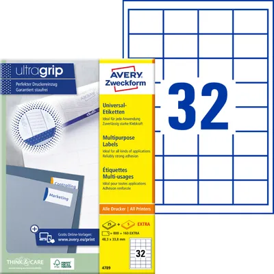 Produktbild von Avery Zweckform 4789, Universal-Etiketten, A4, Qualitätsdruck mit: ultragrip, 48,3 x 33,8 mm, 960 Etiketten / 30 Bögen, weiß