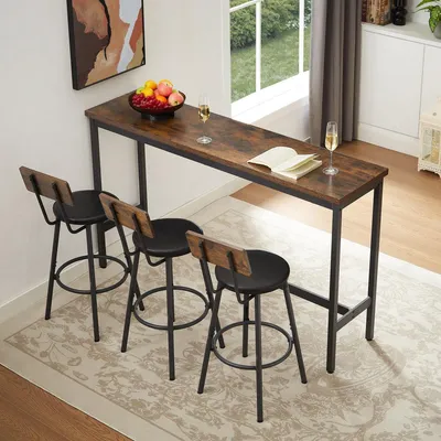 Produktbild von Langer Bartisch mit 3 gepolsterten PolyurethanBarhockern Set Stehtisch mit Hockern Industrie Design für Küche Wohnzimmer Bankett Rustikales Braun Schwarz