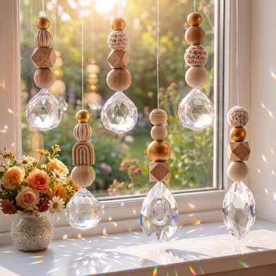 6er-Set Suncatcher mit Holzkugeln und Kristallkugel, Fensterdeko
