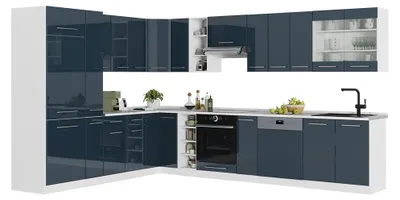 Obrázek produktu pro Rohová kuchyňská linka Vicco Fame-Line Tmavě modrá s vysokým leskem/Bílá 347 x 257 cm bez pracovní desky, Model 49043