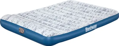 An inflatable mattress with a blue base and a patterned top surface.
