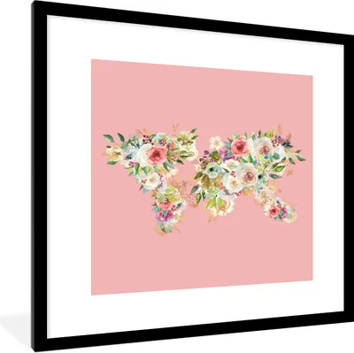 Produktbild von MuchoWow® Gerahmtes Poster Weltkarte - Blumen - Pastell 40x40 cm - Poster mit Schwarzem Bilderrahmen Wandposter Rahmen Foto Bilder - Poster - Plakat im Rahmen