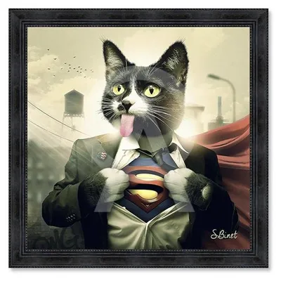 Image de Cadre en bois avec impression en PVC vernis "Supercat" - Noir - 40 x 40 cm - Collection Binet