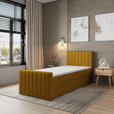Produktbild von Masseno Boxspringbett ARION 100 100x200 cm Komplett-Set mit Bonell Matratze und Topper, Polsterbett mit Bettkästen -Gelb, KRONOS 01