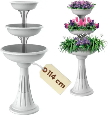 Two white tiered plant stands are shown against a white background. One is empty and the other is filled with colorful flowers.