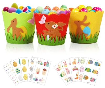 13-teiliges Filz-Osterkörbchen-Set mit Osterhasen-Motiv und Tattoo-Stickern