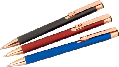 Produktbild von 3x Kugelschreiber / aus Metall mit rosegoldene Beschläge / je 1x grau, blau, rot