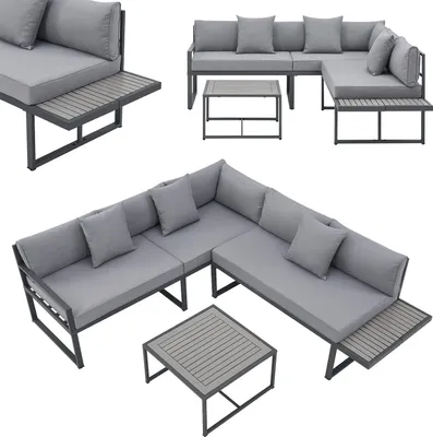 Multiple views of a gray outdoor lounge furniture set, including a sectional sofa and coffee tables.