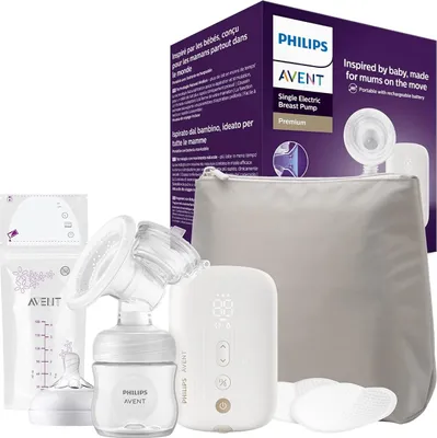 A Philips Avent single electric breast pump kit is displayed against a white background, with its packaging in the background.