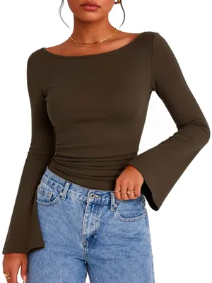 Produktbild von Ryhula Langarmshirt Damen Elegant Oberteil Y2K Longsleeve Kaffeebraun L