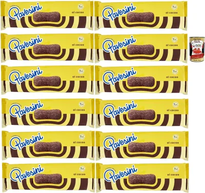 Produktbild von Pavesi Pavesini al Cacao, Biscotto Leggero per Colazione o Merenda, Leichter Keks mit Kakao zum Frühstück oder Snack, biscuits cookies, 12x 200 g + Italian Gourmet polpa 400g