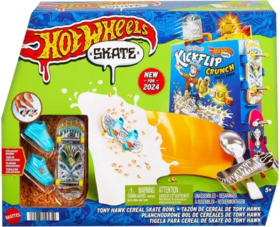 Produktbild von Hot Wheels Skate Tony Hawk Müslischalen-Fingerboard-Set, 1 exklusives Board und ein Paar abnehmbare Skateschuhe, Aufbewahrung für bis zu 4 Boards und 4 Paar Schuhe, HTP09