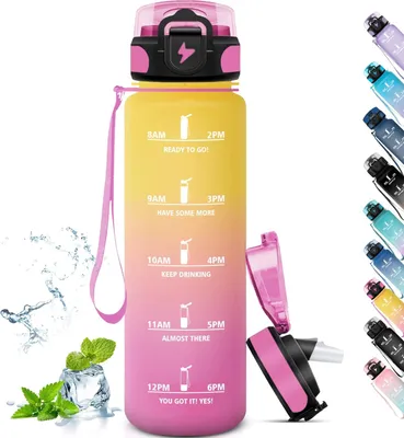 Produktbild von Sport Trinkflasche 1L, mit Strohhalm und Zeitmarkierung, für Sport, Radfahren, Wandern, Camping