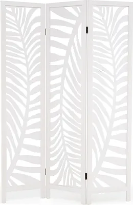 A white, three-panel room divider with a leaf pattern cut out of the panels, shown against a white background.
