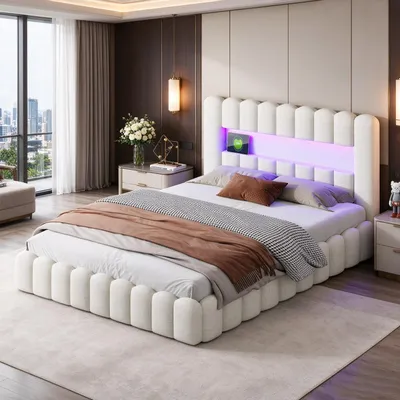 Obrázok produktu pre INONEFT čalúnená posteľ 140x200 cm s úložným priestorom, dvojposteľ typu boxspring s LED osvetlením a USB portami, posteľ pre mládež, funkčná posteľ s roštom, materiál: ľan, farba: béžová