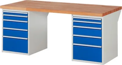 Produktbild von Werkbank mit 10 Schubladen - Vollauszug - 60:2 / 90:2 / 150:4 / 270:2 - 890 x 2.000 x 900 mm (HxBxT) - Traglast 1.000 kg - Buche