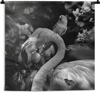 Produktbild von MuchoWow® Wandteppich Wandbehang Flamingo - Dschungel - Papagei - Schwarz - Weiß 150x150 cm Tapisserie Dekoration Wandtuch - Wohnaccessoires - Modernes
