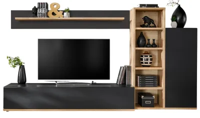 Produktbild von Wohnwand "Lester" in schwarz und Ribbeck Eiche Schrankwand 240 cm, Push-to-Open