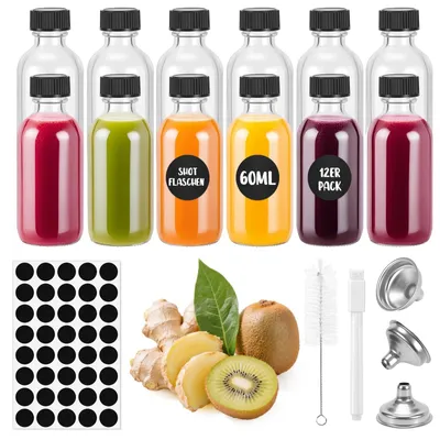 12er-Set 60 ml Shotflaschen aus Glas mit Trichter & Etiketten