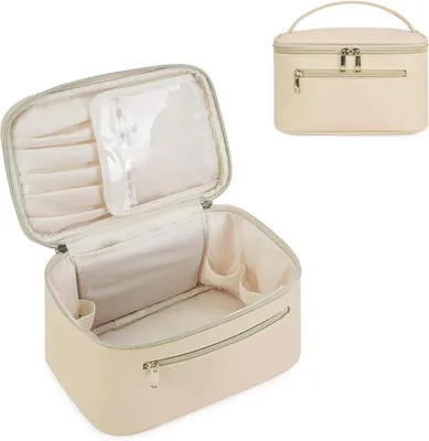 Produktbild von PolkaHome® Make-up-Tas, Reisetasche, Toilettentasche, Organizer, Groß, mit Pinselfach, aus Kunstleder, tragbar, Beige