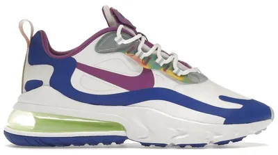 Immagine prodotto di Nike Air Max 270 React, colore bianco, con dettagli color berry e royal, taglia EU 43