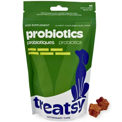 Zdjęcie produktu dla Treatsy Probiotyki, Prebiotyki, Postbiotyki i Psyllium dla psów – 60 przysmaków na trawienie i odporność, Obraz wygenerowany przez AI