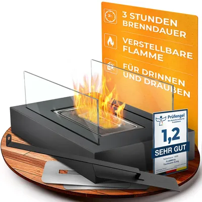 Produktbild von flammtal [Das Original] - Tischkamin EMBER [3h Brenndauer] - Tischfeuer für Indoor & Outdoor - Mit verstellbarer Flamme - Rechteckiger Ethanolkamin, KI-generiertes Bild