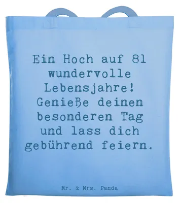 Produktbild von Mr. & Mrs. Panda Tote Bag Spruch 81. Geburtstag - Sky Blue - Geschenk, Schultasche, Geburtstagsgeschenk, Glückwunsch, Jutebeutel, Jubiläum, Uni Tasche, besonderer Tag