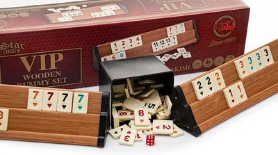 Imagen del producto de Juego de Rummy de madera con fichas de melamina | Rommé Star Okey Deluxe VIP, juego de mesa y de fichas con dados
