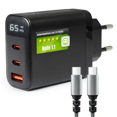 A black USB-C charger with multiple ports and two USB-C cables.