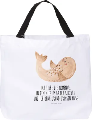 Produktbild von Mr. & Mrs. Panda Schultasche Robbe Liegen - Weiß - Geschenk, Tasche, Nordsee, Freude, Reisetasche, Tragetasche, Ostsee, Lustige Sprüche, Strand, Tote Bag, Robben