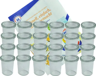 Produktbild von 24er Set Weck Gläser 160 ml Sturzgläser mit 24 Glasdeckeln incl. Diamant Gelierzauber Rezeptheft