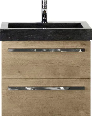 Produktbild von Sanox Badmöbel-Set Seville BxHxT 61 x 58 x 45,5 cm Frontfarbe eiche natur mit Waschtisch Naturstein schwarz Griff chrom