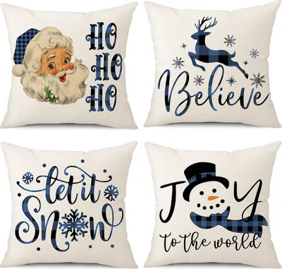 Produktbild von Weihnachts-Kissenbezug 45 x 45 cm, 4er-Set, Weihnachts-Deko-Kissenbezug, Deko-Kissenbezug, rustikales Sofa, Leinen-Kissenbezug, Sofa, Sofa-Sessel, Wohnzimmer-Kissenbezug