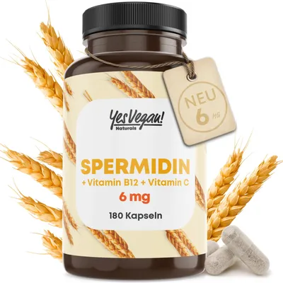 Produktbild von 6 mg Spermidin hochdosiert pro Kapseln (180 Kapseln für 6 Monate) Spermidin Kapseln mit Vitamin C und B12