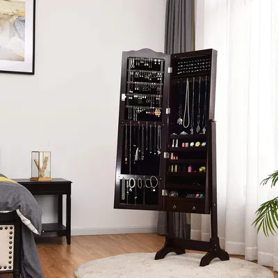 Immagine prodotto di Mobile portagioie da terra, espositore per gioielli con 14 luci a LED, cassettiera portagioie con specchio da terra inclinabile, base triangolare, armadio a specchio con serratura per gioielli in legno (marrone)