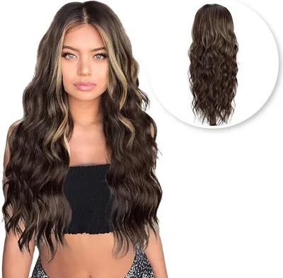 Produktbild von SassyGoods® Luxus Perücke Braun Lace Wig mit Highlights - Damenperücken Langhaar - Haarteil - Braune Perücke - 65 cm