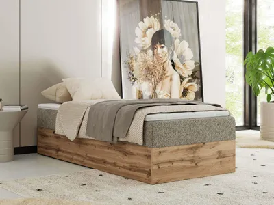 Produktbild von MKS MEBLE Boxspringbett 90x200 WOOD ZERO ohne Kopfteil, mit Bettkasten & Stauraum, 7-Zonen-Taschenfederkernmatratze, modernes Einzelbett in Holzoptik - Dunkelbeige Strukture - H4 - Topper Visco