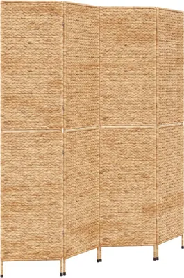 A four-panel room divider made of woven natural material.
