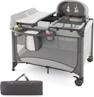 Produktbild von 5 in 1 Reisebett Klappbar, 110 x 78 cm Beistellbett mit Matratze & Wiege & Wickelauflage, Babybett Komplett Set für Neugeborene & Baby bis 36 Monate (Grau)