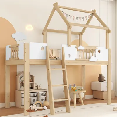 A child's bedroom with a wooden loft bed designed like a house, decorated with clouds and bunting.
