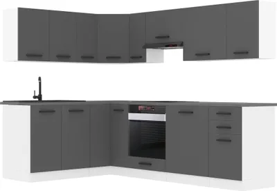 Image de Belini Kitchenette Bloc cuisine Cuisine en L JANET Meubles de cuisine avec poignées, Cuisine intégrée sans électroménager avec meubles hauts et bas, avec plans de travail, Argent mat