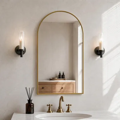 Produktbild von UnboxG Bogen Wandspiegel 91 × 61 cm Gold, Wandspiegel mit Aluminiumrahmen, Verzerrungsfreies Sicherheitsglas, Arched Spiegel für Badezimmer, Schlafzimmer & Flur, zum Aufhängen