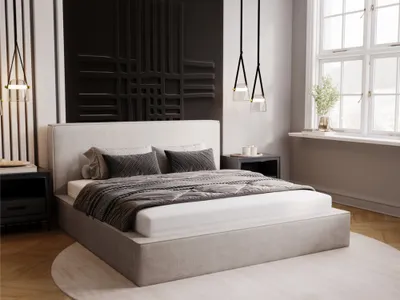 A bedroom scene with a bed, nightstands, and a window.