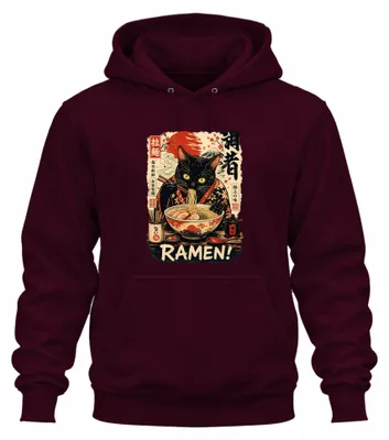 Imagen del producto de RAMEN! Sudadera con capucha estilo "hoodie" inspirada en el anime y manga japonés, con diseño de "Schwarze Katze" (Gato ), estilo Y2K, para "otakus", color burdeos, talla 3XL
