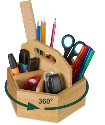 Produktbild von Relaxdays Stiftehalter, Bambus, drehbarer Schreibtisch Organizer, HBT 15x17x19 cm, Stifte & Scheren, Pinselhalter, natur